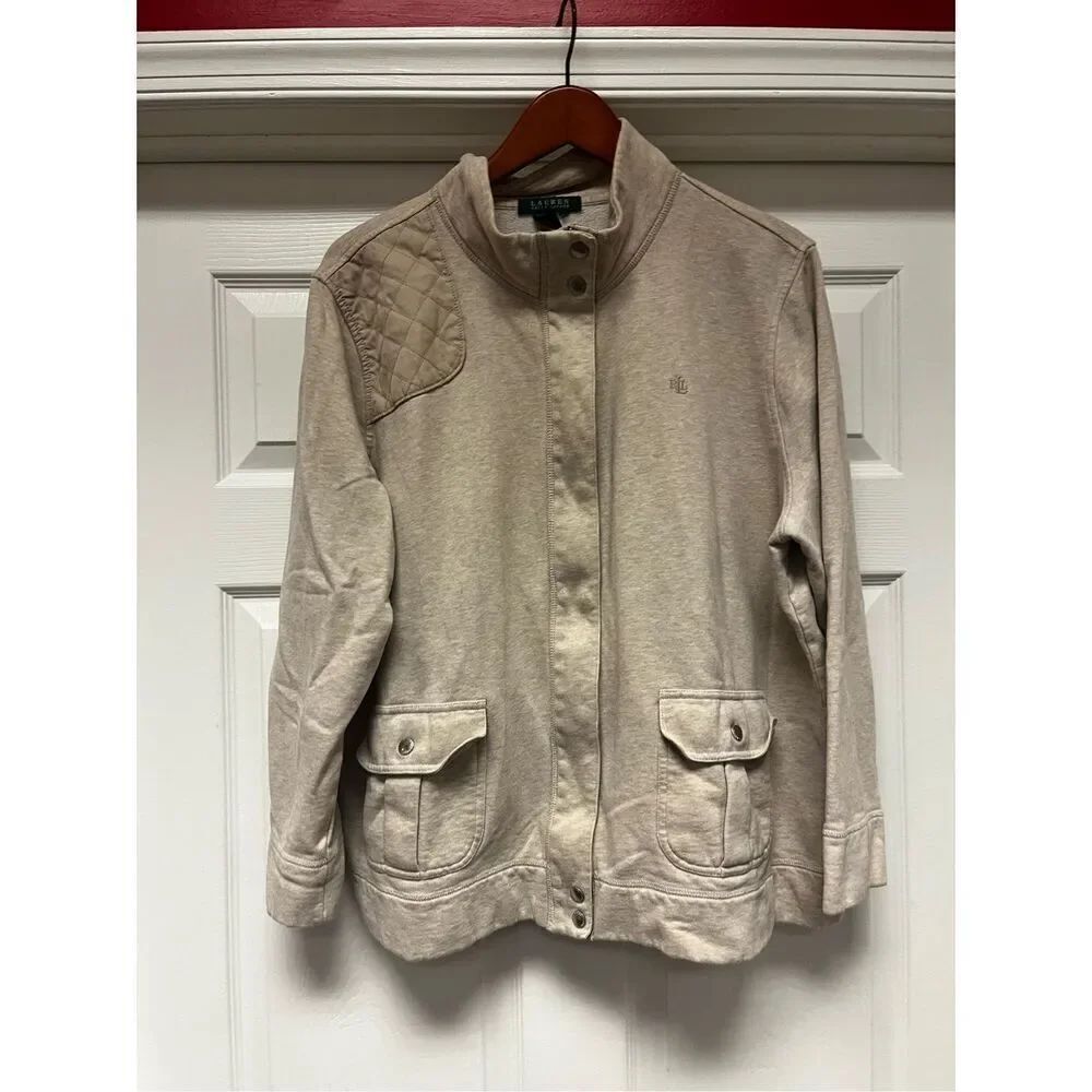 Lauren Ralph Lauren Beige Quilted Patch Hidden Zipper Jersey Jacket sz XL EUC